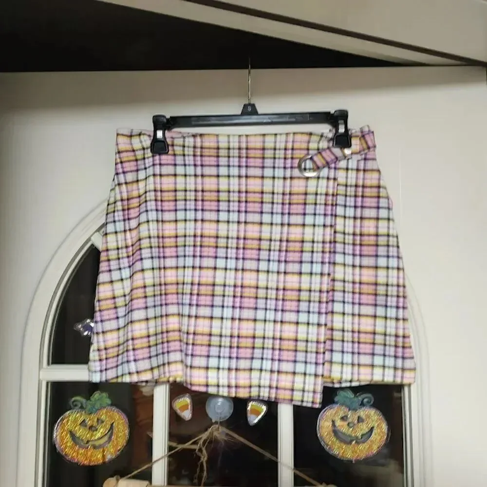 New Justice Pink Multi-Color Plaid Skort Built In Shorts Size Girl's 16/18